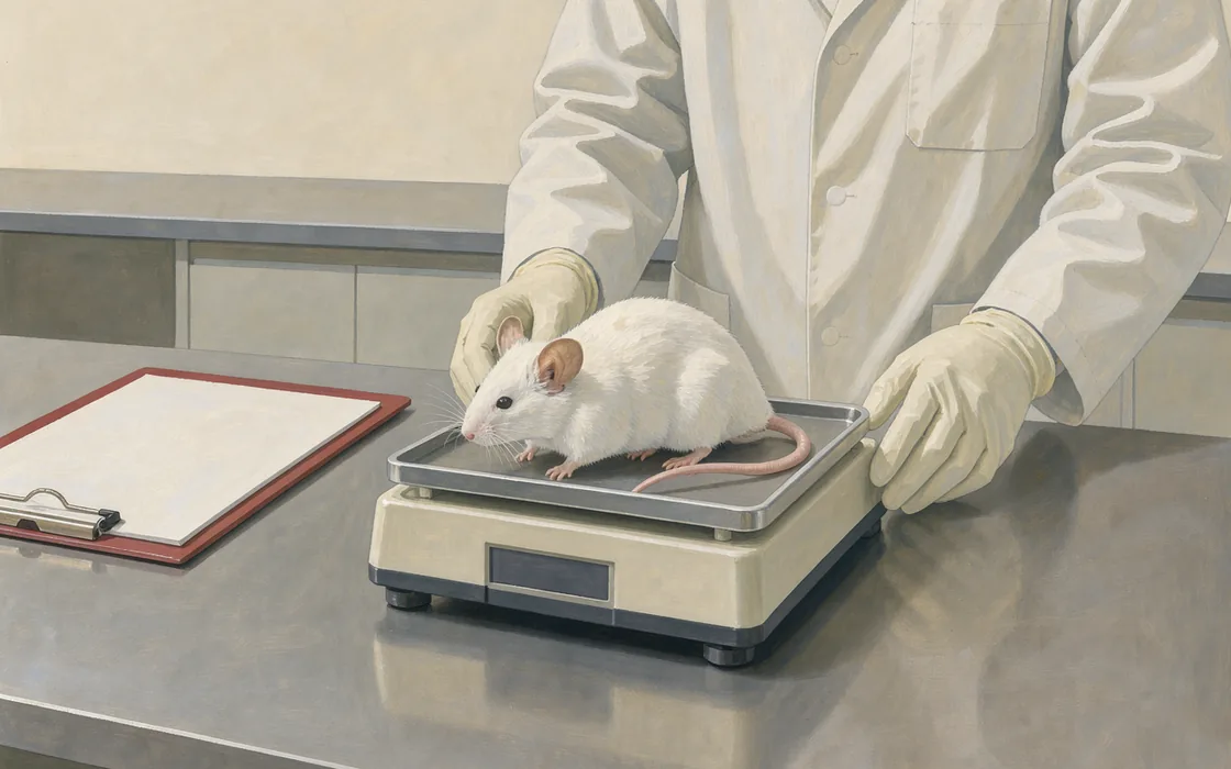 Technician weighing a white mouse in an open tray