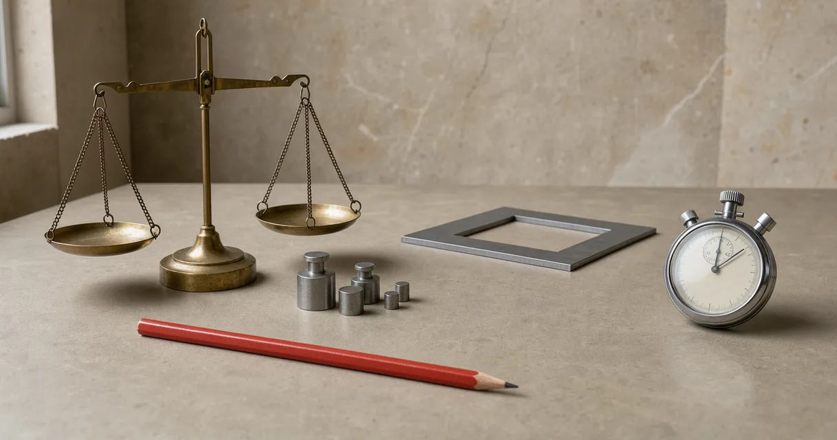 Beam balance, steel square cutout and stopwatch on a putty table