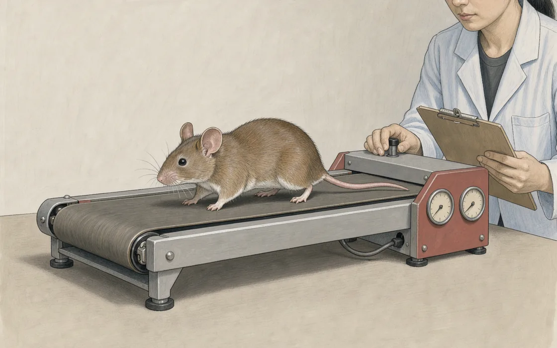 Mouse walking on a small laboratory treadmill beside a technician