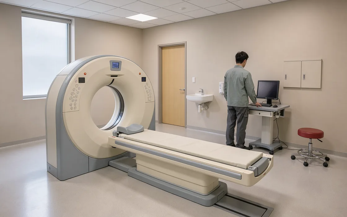 Technician beside an empty scanner in a warm grey room